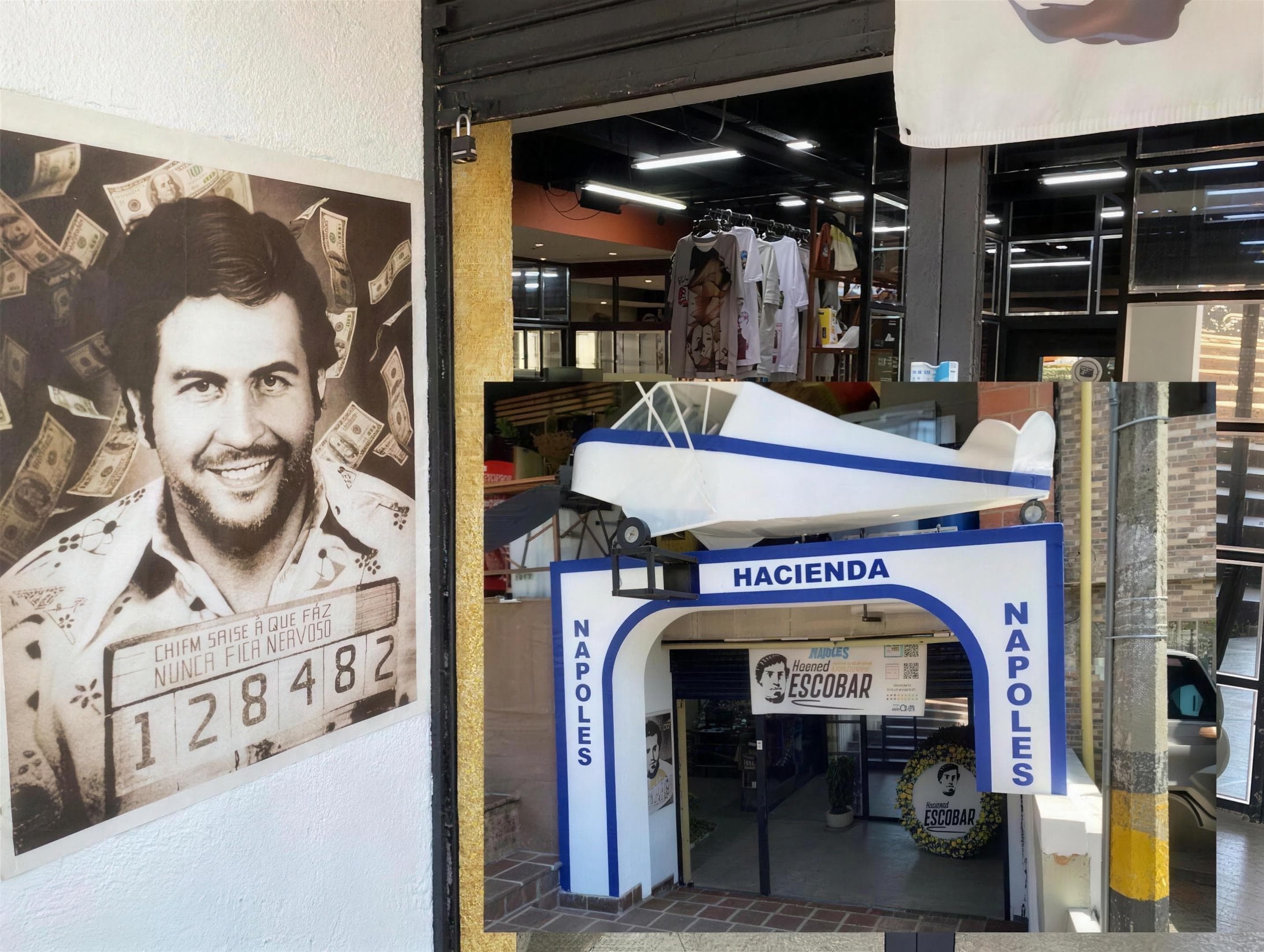Entrance to the Escobar family museum in Medellín, with the replica of the Hacienda Nápoles gate and its small plane